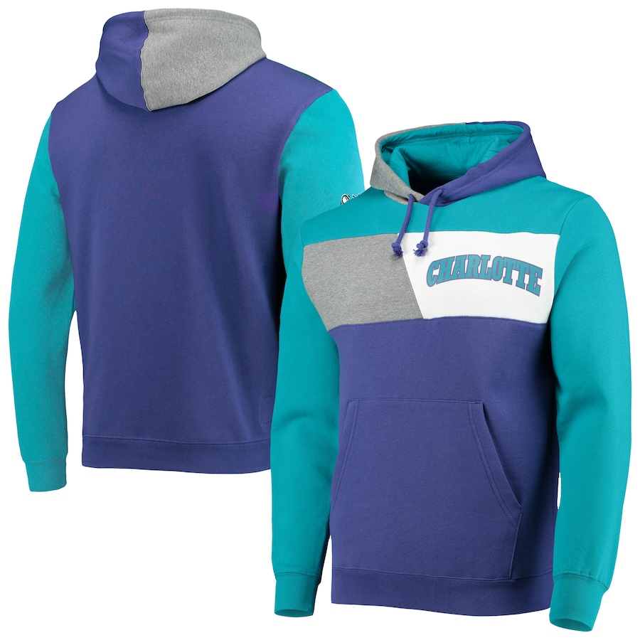 Men's Charlotte Hornets Mitchell & Ness Blue Hardwood Classics Colorblock Pullover Hoodie