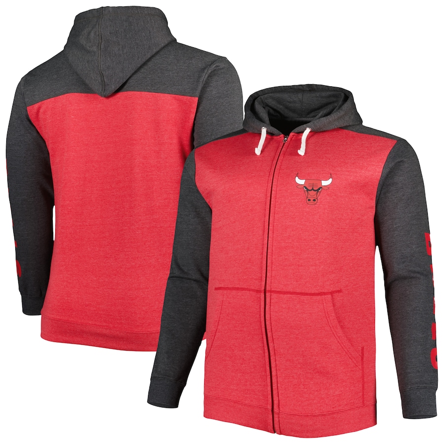 Men's Chicago Bulls Heathered Red/Heathered Black Big & Tall Down and Distance Full-Zip Hoodie Men's Chicago Bulls Heathered Red/Heathered Black Big & Tall Down and Distance Full-Zip Hoodie
