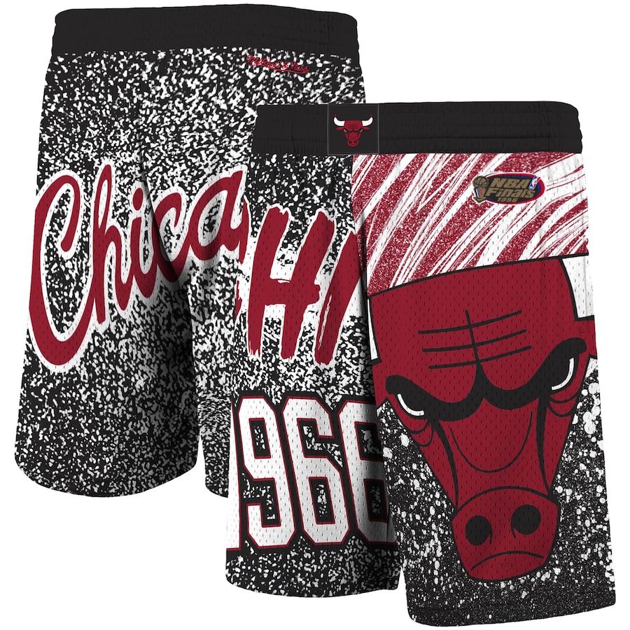 Men's Chicago Bulls Mitchell & Ness Black Hardwood Classics Jumbotron Sublimated Shorts Men's Chicago Bulls Mitchell & Ness Black Hardwood Classics Jumbotron Sublimated Shorts