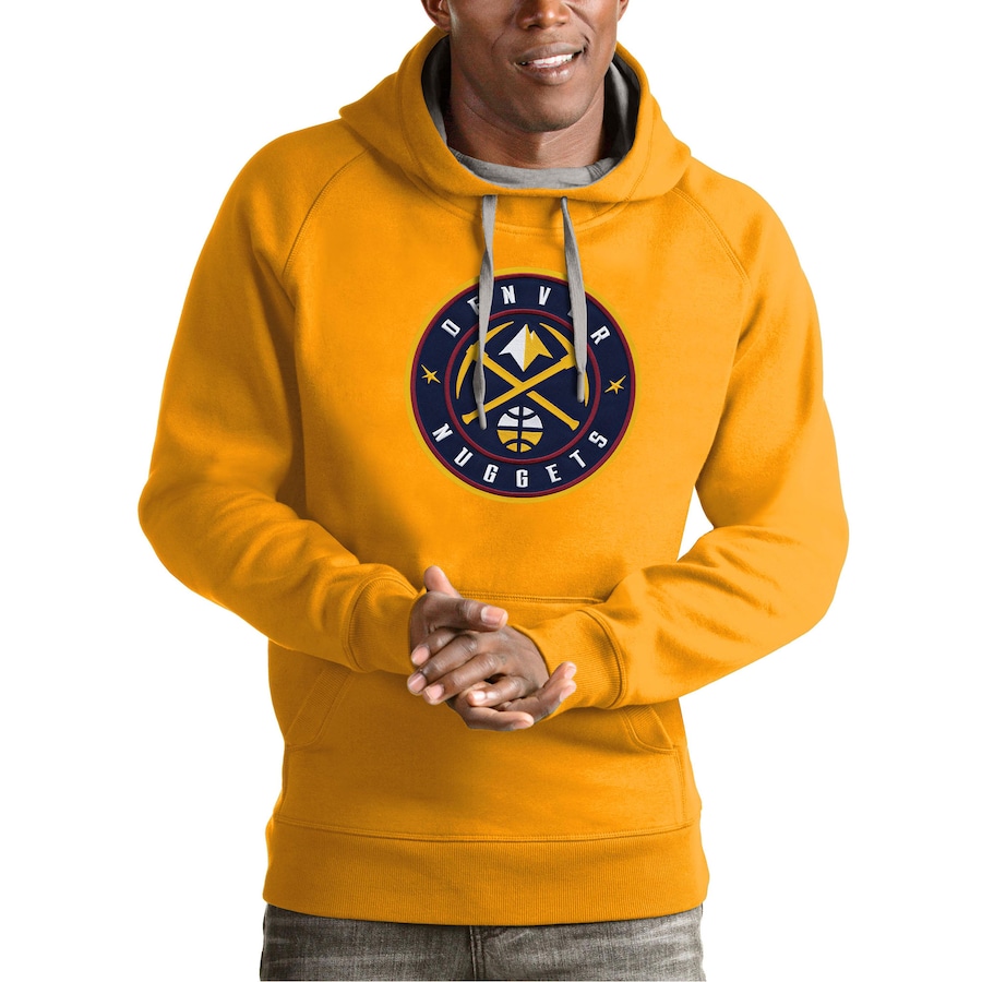 Men's Denver Nuggets Antigua Gold Team Logo Victory Pullover Hoodie Men's Denver Nuggets Antigua Gold Team Logo Victory Pullover Hoodie