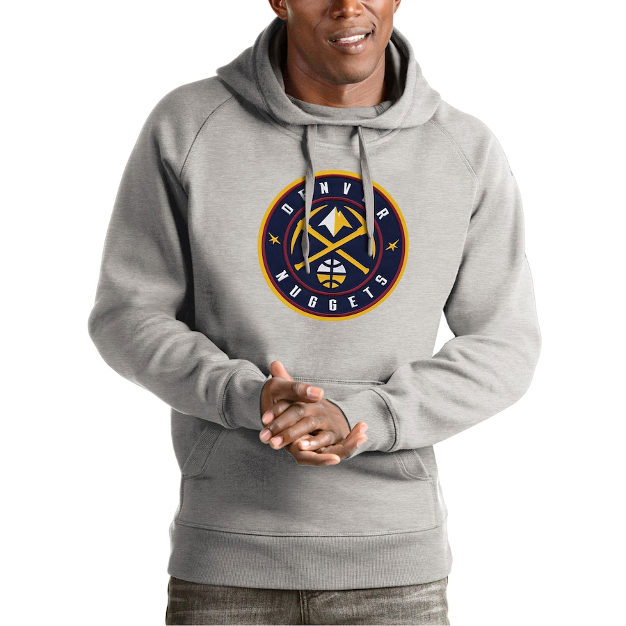 Men's Denver Nuggets Antigua Heather Gray Team Logo Victory Pullover Hoodie Men's Denver Nuggets Antigua Heather Gray Team Logo Victory Pullover Hoodie