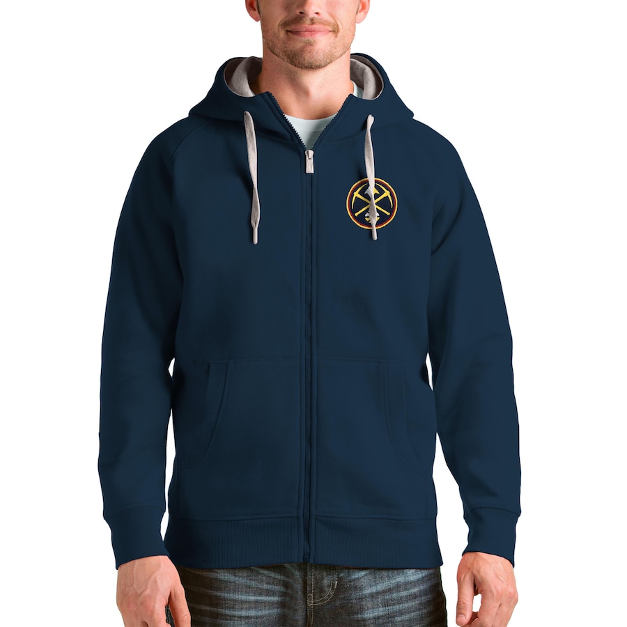 Men's Denver Nuggets Antigua Navy Logo Victory Full-Zip Hoodie Men's Denver Nuggets Antigua Navy Logo Victory Full-Zip Hoodie