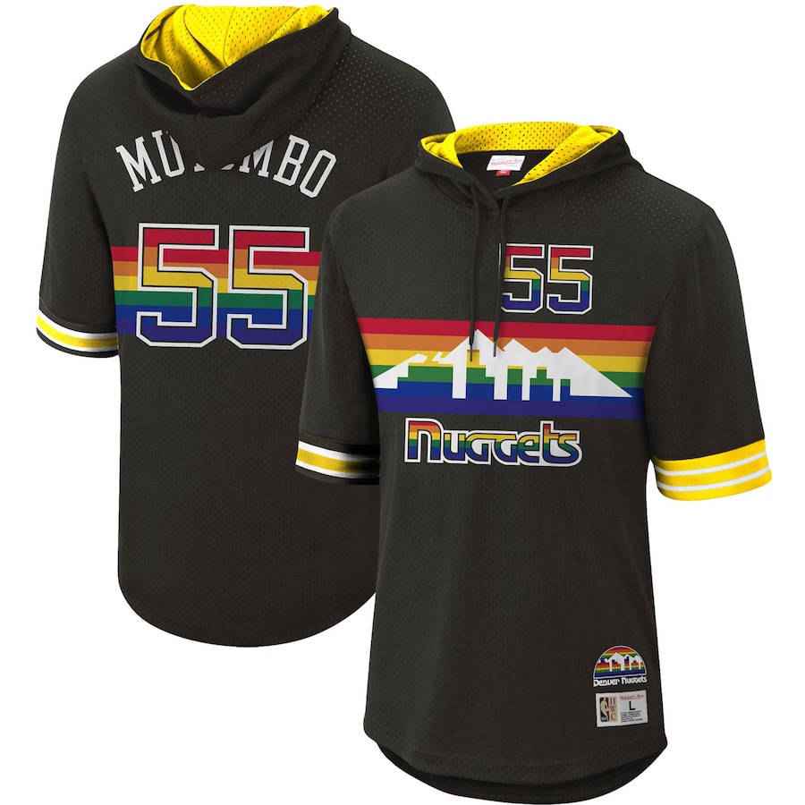Men's Denver Nuggets Dikembe Mutombo Mitchell & Ness Black Mesh Hardwood Classics Name & Number Short Sleeve Hoodie