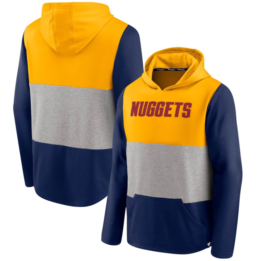 Men's Denver Nuggets Gold/Navy Linear Logo Comfy Colorblock Tri-Blend Pullover Hoodie Men's Denver Nuggets Gold/Navy Linear Logo Comfy Colorblock Tri-Blend Pullover Hoodie