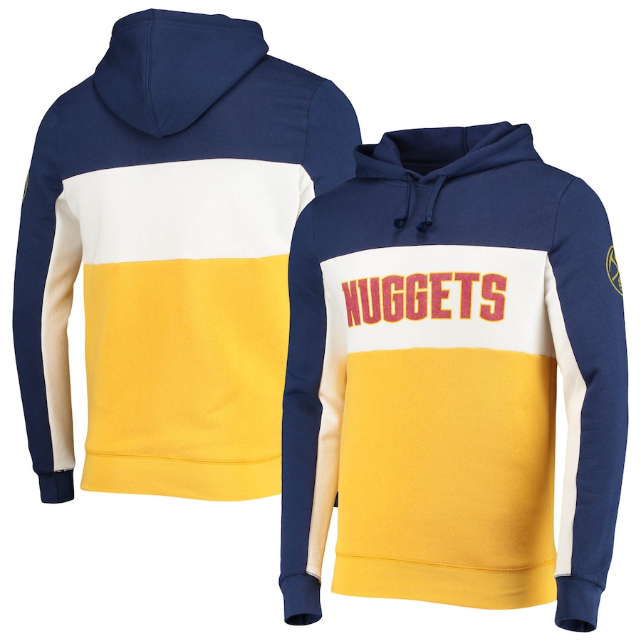 Men's Denver Nuggets Junk Food Navy/White Wordmark Colorblock Fleece Pullover Hoodie Men's Denver Nuggets Junk Food Navy/White Wordmark Colorblock Fleece Pullover Hoodie