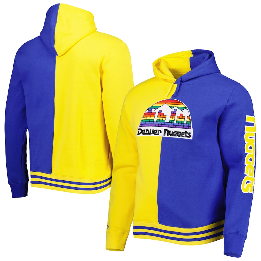 Men's Denver Nuggets Mitchell & Ness Gold/Royal Hardwood Classics Split Pullover Hoodie Men's Denver Nuggets Mitchell & Ness Gold/Royal Hardwood Classics Split Pullover Hoodie