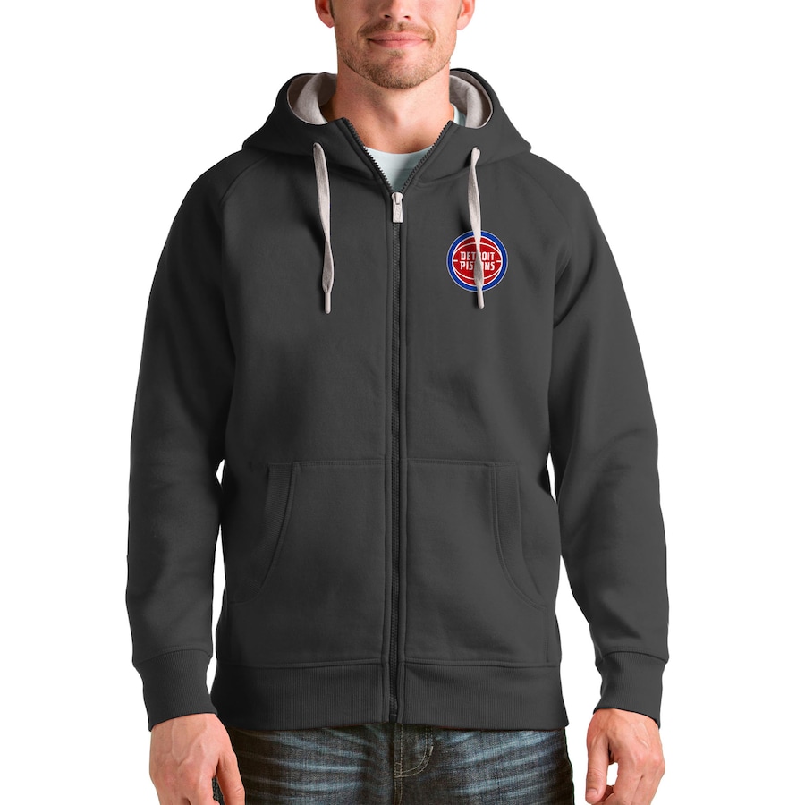Men's Detroit Pistons Antigua Charcoal Logo Victory Full-Zip Hoodie
