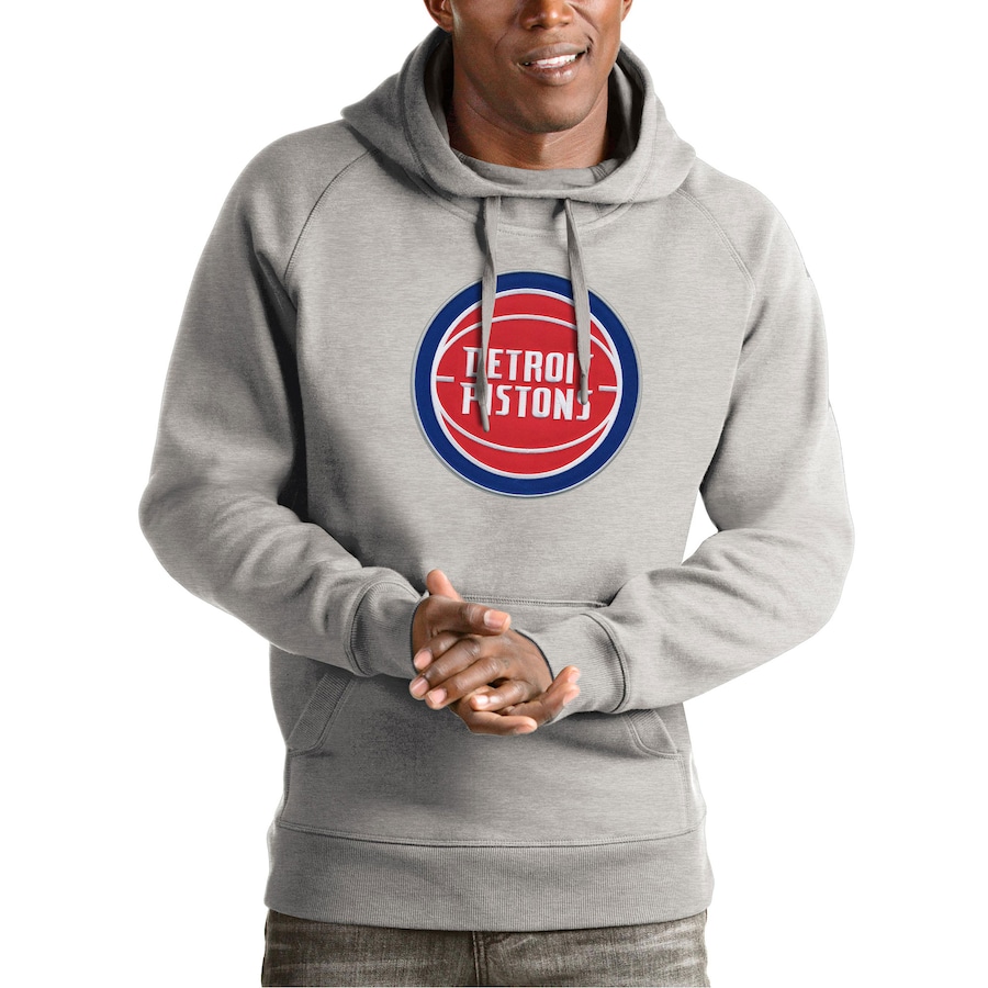 Men's Detroit Pistons Antigua Heather Gray Team Logo Victory Pullover Hoodie Men's Detroit Pistons Antigua Heather Gray Team Logo Victory Pullover Hoodie