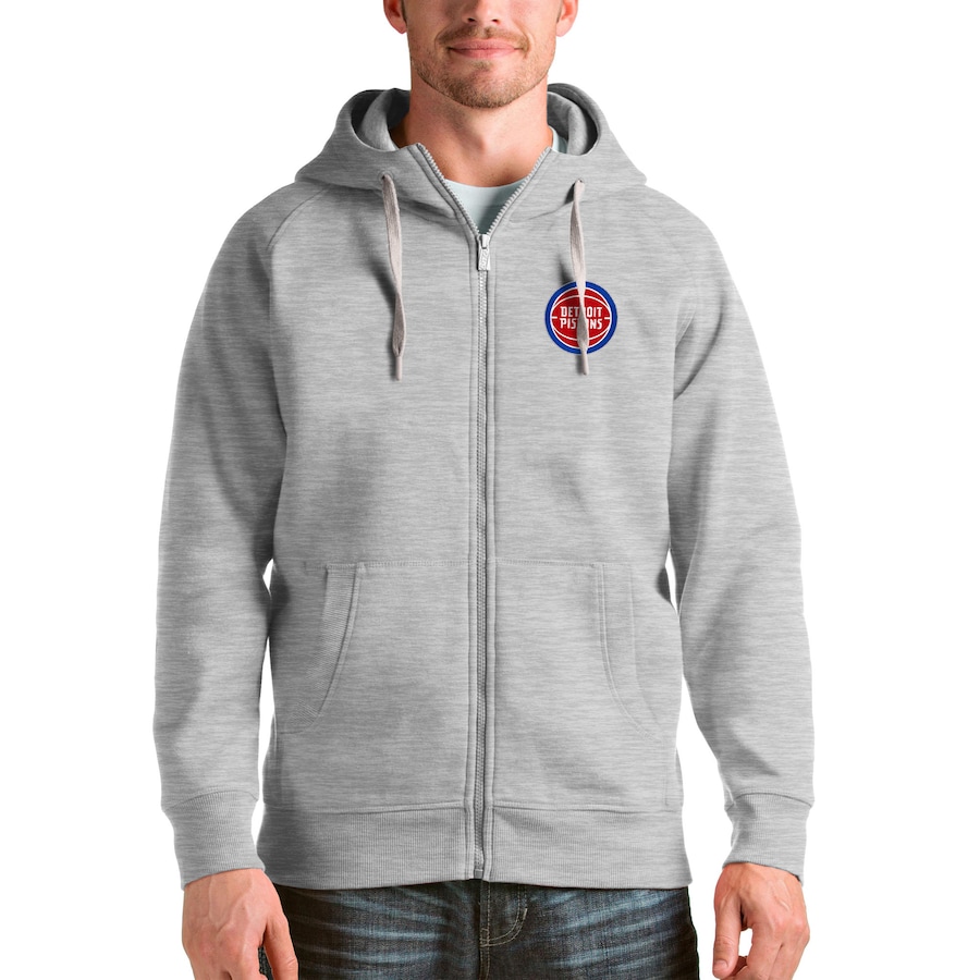 Men's Detroit Pistons Antigua Heathered Gray Logo Victory Full-Zip Hoodie Men's Detroit Pistons Antigua Heathered Gray Logo Victory Full-Zip Hoodie