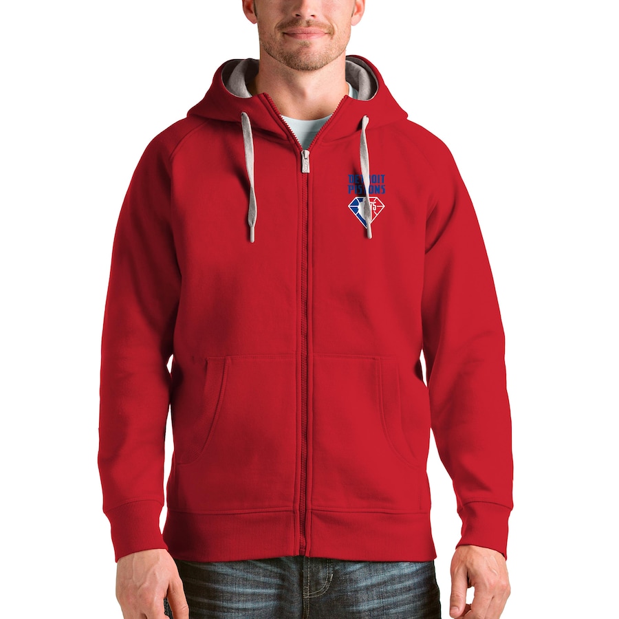 Men's Detroit Pistons Antigua Red NBA 75th Anniversary Victory Full-Zip Hoodie Men's Detroit Pistons Antigua Red NBA 75th Anniversary Victory Full-Zip Hoodie
