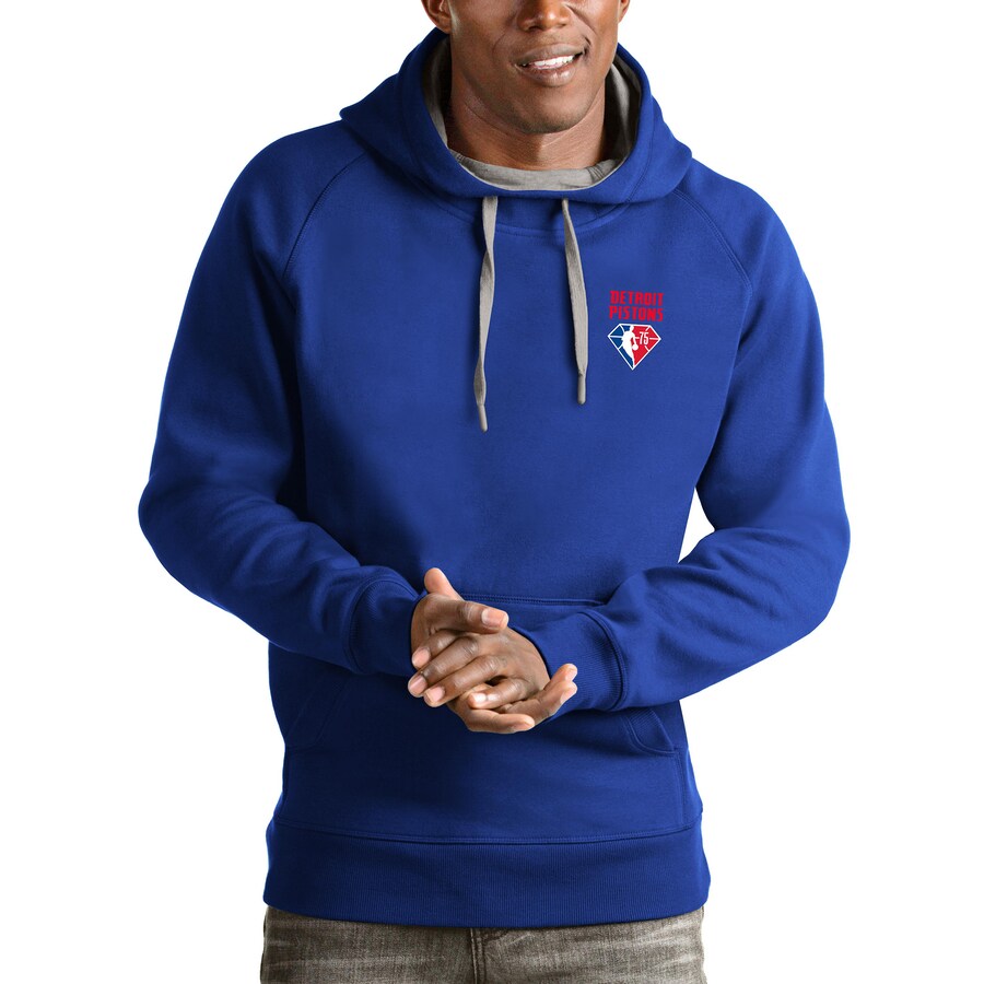 Men's Detroit Pistons Antigua Royal NBA 75th Anniversary Victory Pullover Hoodie Men's Detroit Pistons Antigua Royal NBA 75th Anniversary Victory Pullover Hoodie