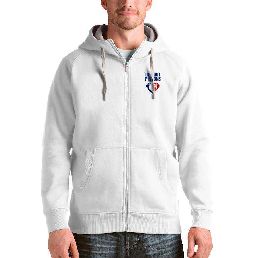 Men's Detroit Pistons Antigua White NBA 75th Anniversary Victory Full-Zip Hoodie Men's Detroit Pistons Antigua White NBA 75th Anniversary Victory Full-Zip Hoodie