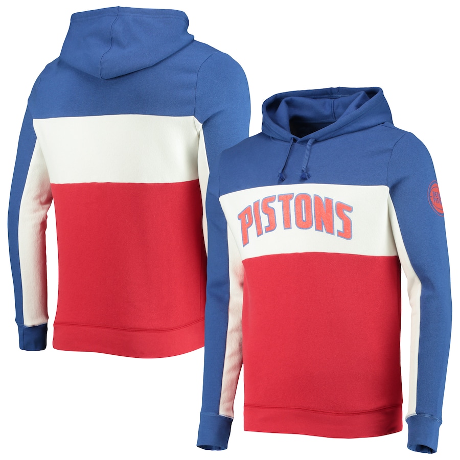 Men's Detroit Pistons Junk Food Blue/White Wordmark Colorblock Fleece Pullover Hoodie Men's Detroit Pistons Junk Food Blue/White Wordmark Colorblock Fleece Pullover Hoodie