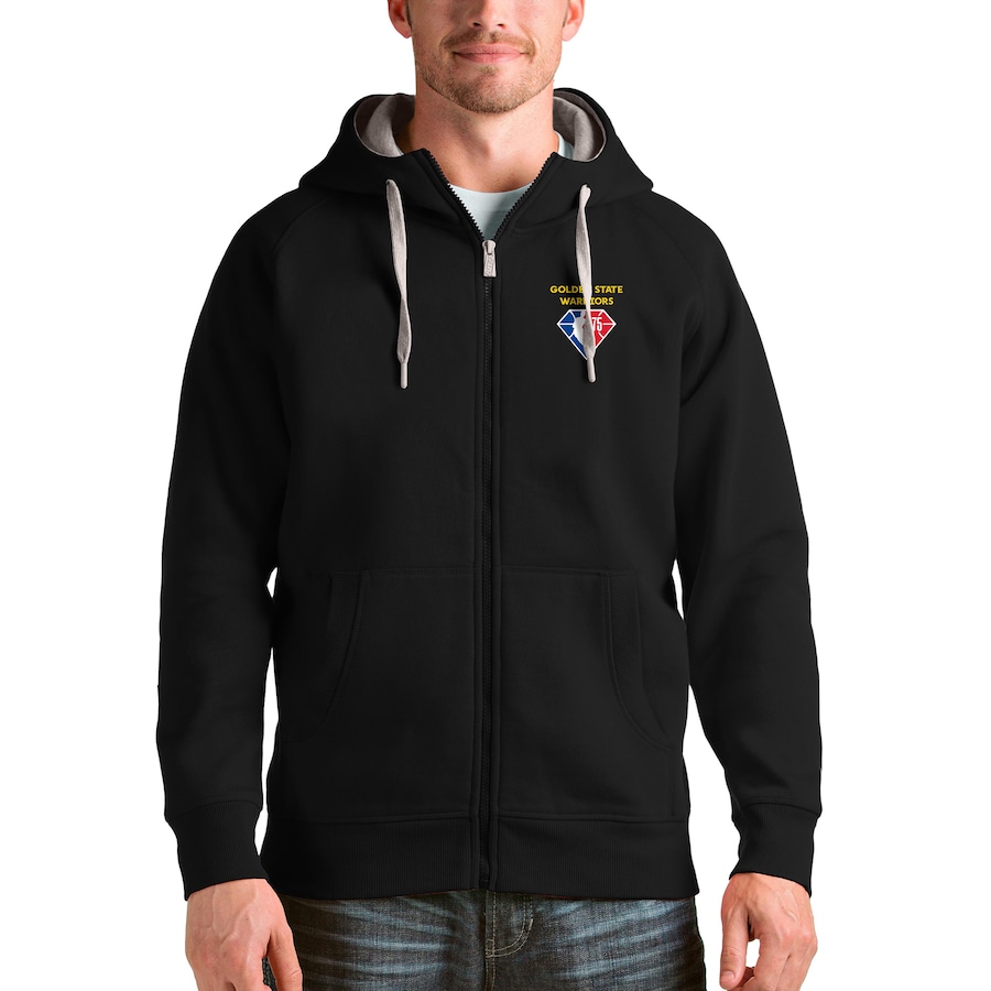 Men's Golden State Warriors Antigua Black NBA 75th Anniversary Victory Full-Zip Hoodie Men's Golden State Warriors Antigua Black NBA 75th Anniversary Victory Full-Zip Hoodie