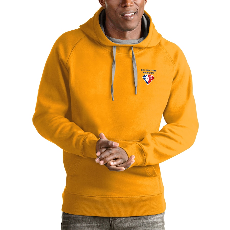 Men's Golden State Warriors Antigua Gold NBA 75th Anniversary Victory Pullover Hoodie Men's Golden State Warriors Antigua Gold NBA 75th Anniversary Victory Pullover Hoodie