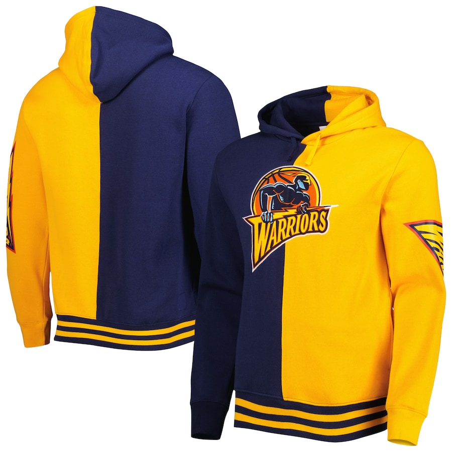 Men's Golden State Warriors Mitchell & Ness Navy/Gold Hardwood Classics Split Pullover Hoodie Men's Golden State Warriors Mitchell & Ness Navy/Gold Hardwood Classics Split Pullover Hoodie
