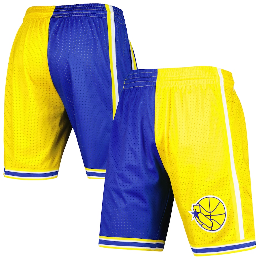 Men's Golden State Warriors Mitchell & Ness Royal/Gold Hardwood Classics 1995 Split Swingman Shorts Men's Golden State Warriors Mitchell & Ness Royal/Gold Hardwood Classics 1995 Split Swingman Shorts