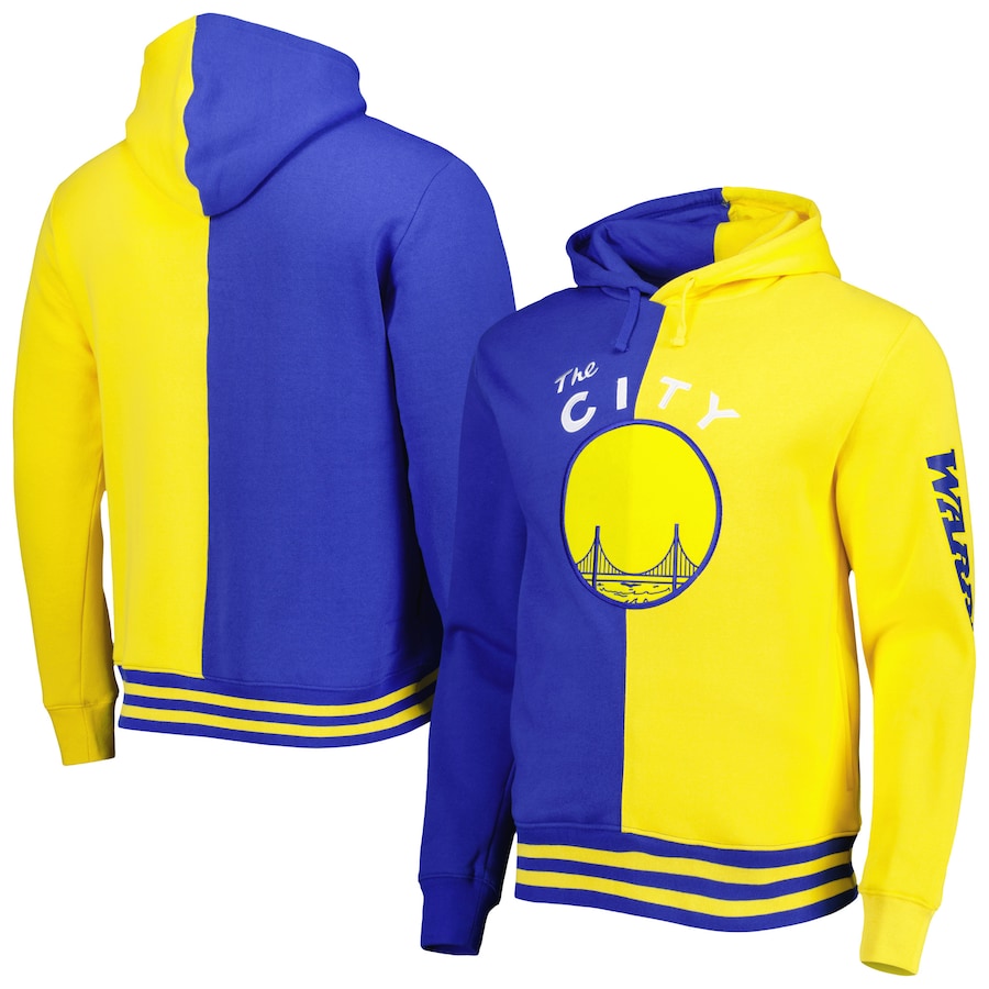 Men's Golden State Warriors Mitchell & Ness Royal/Gold Hardwood Classics Split Pullover Hoodie Men's Golden State Warriors Mitchell & Ness Royal/Gold Hardwood Classics Split Pullover Hoodie