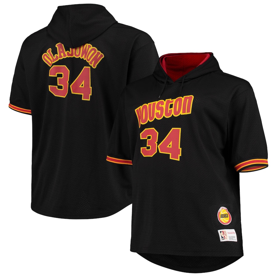 Men's Houston Rockets Hakeem Olajuwon Mitchell & Ness Black/Red Big & Tall Name & Number Short Sleeve Hoodie