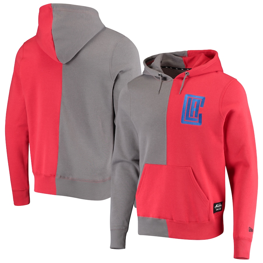 Men's LA Clippers New Era Gray/Red Diagonal French Terry Color Block Pullover Hoodie