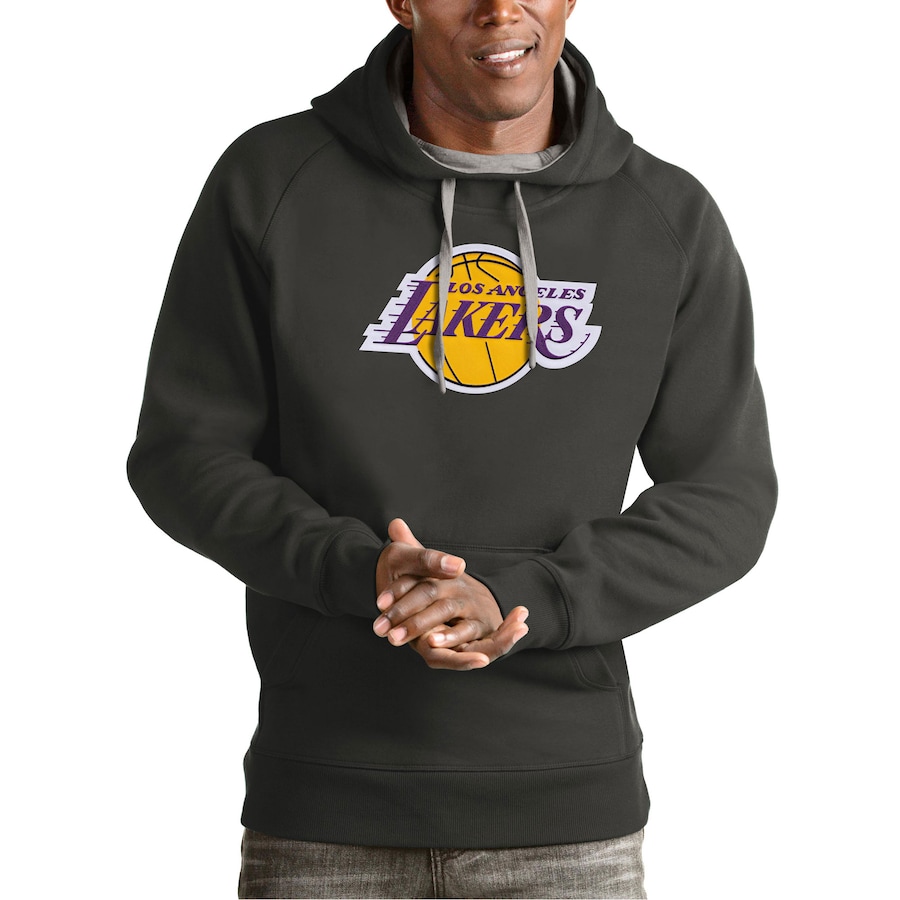 Men's Los Angeles Lakers Antigua Charcoal Team Logo Victory Pullover Hoodie Men's Los Angeles Lakers Antigua Charcoal Team Logo Victory Pullover Hoodie