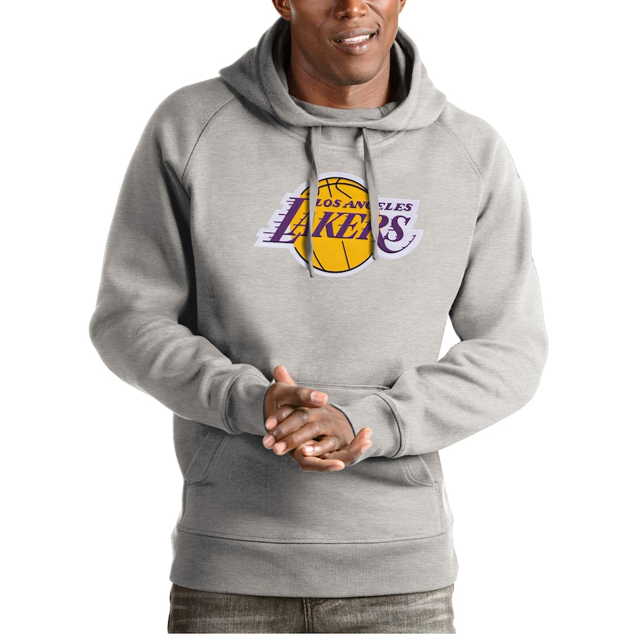 Men's Los Angeles Lakers Antigua Heather Gray Team Logo Victory Pullover Hoodie Men's Los Angeles Lakers Antigua Heather Gray Team Logo Victory Pullover Hoodie