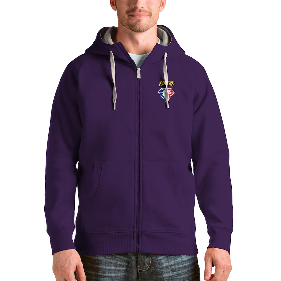 Men's Los Angeles Lakers Antigua Purple NBA 75th Anniversary Victory Full-Zip Hoodie Men's Los Angeles Lakers Antigua Purple NBA 75th Anniversary Victory Full-Zip Hoodie