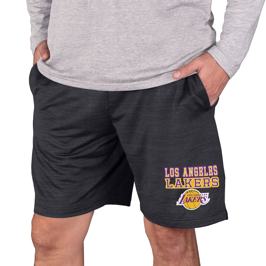 Men's Los Angeles Lakers Concepts Sport Charcoal Bullseye Knit Jam Shorts Men's Los Angeles Lakers Concepts Sport Charcoal Bullseye Knit Jam Shorts