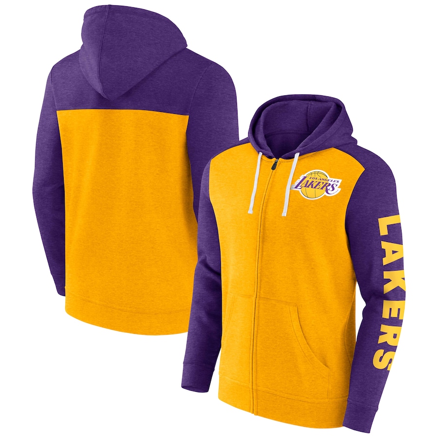Men's Los Angeles Lakers Gold/Heather Purple Down and Distance Full-Zip Hoodie Men's Los Angeles Lakers Gold/Heather Purple Down and Distance Full-Zip Hoodie