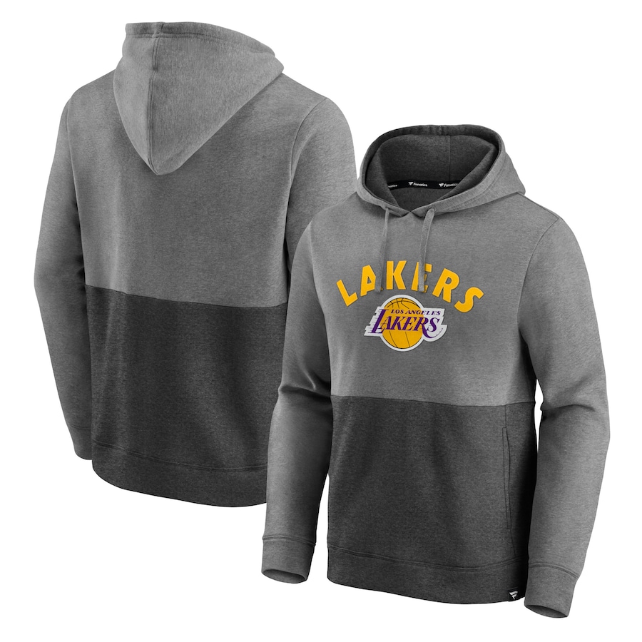 Men's Los Angeles Lakers Heathered Charcoal/Black Block Party Applique Color Block Pullover Hoodie Men's Los Angeles Lakers Heathered Charcoal/Black Block Party Applique Color Block Pullover Hoodie