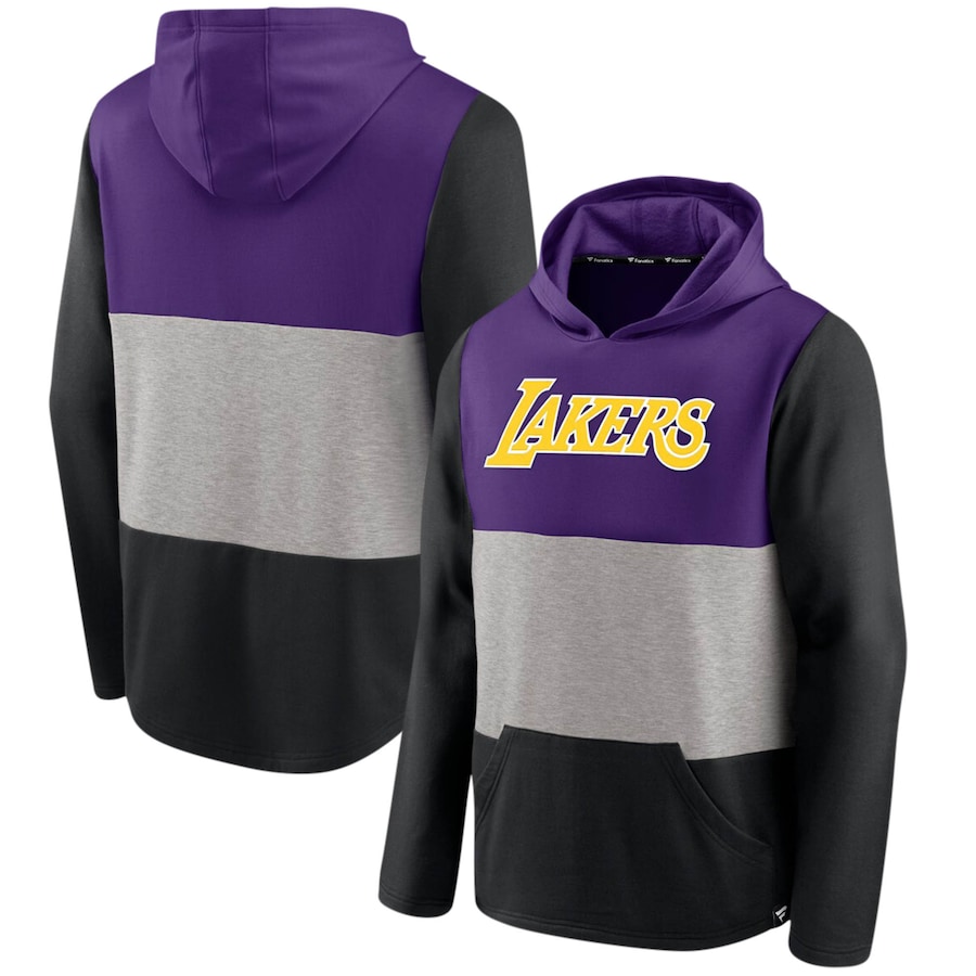 Men's Los Angeles Lakers Purple/Black Linear Logo Comfy Colorblock Tri-Blend Pullover Hoodie Men's Los Angeles Lakers Purple/Black Linear Logo Comfy Colorblock Tri-Blend Pullover Hoodie