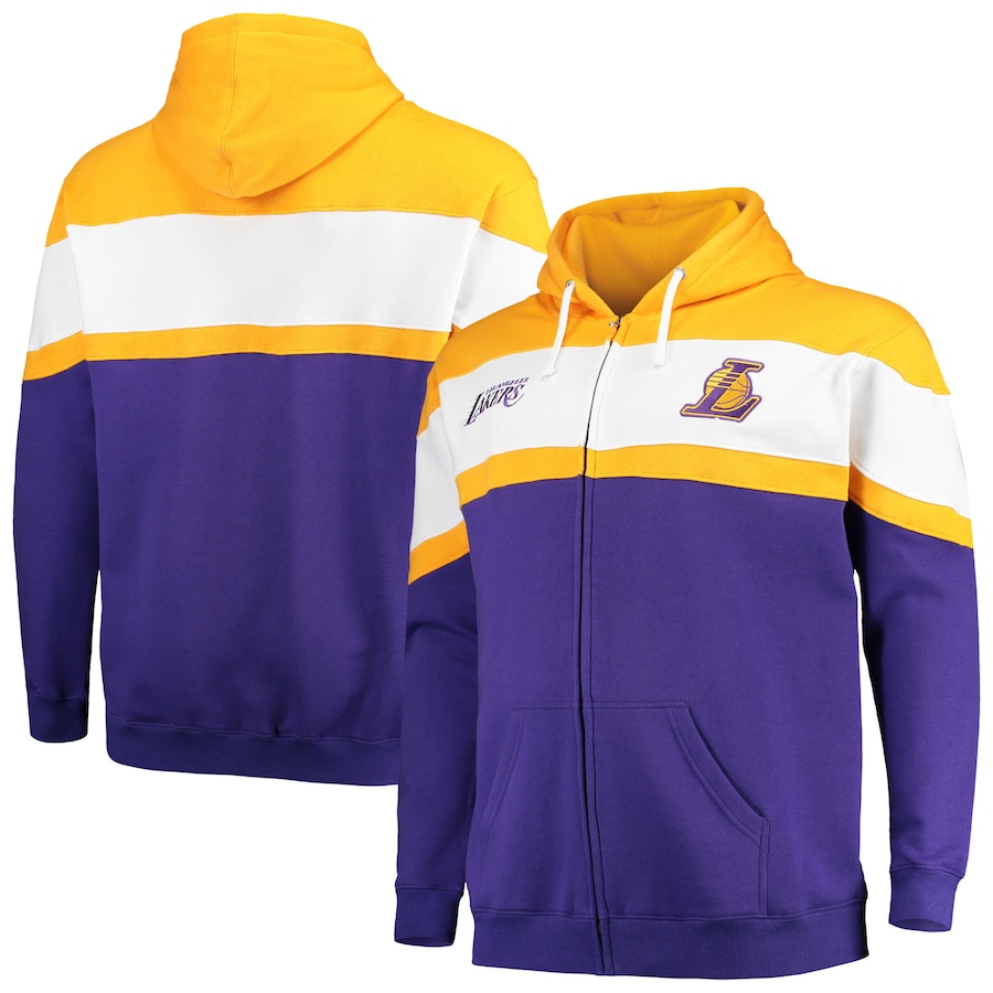 Men's Los Angeles Lakers Purple/Gold Big & Tall Colorblock Wordmark Tripod Full-Zip Hoodie