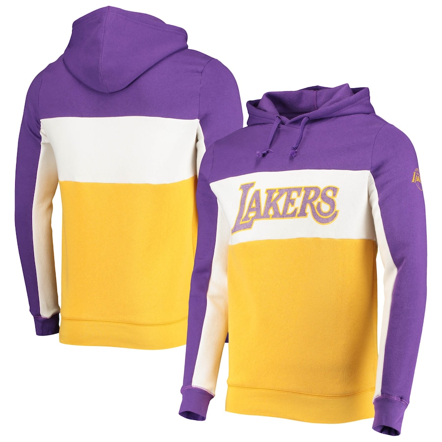 Men's Los Angeles Lakers Junk Food Purple/White Wordmark Colorblock Fleece Pullover Hoodie Men's Los Angeles Lakers Junk Food Purple/White Wordmark Colorblock Fleece Pullover Hoodie
