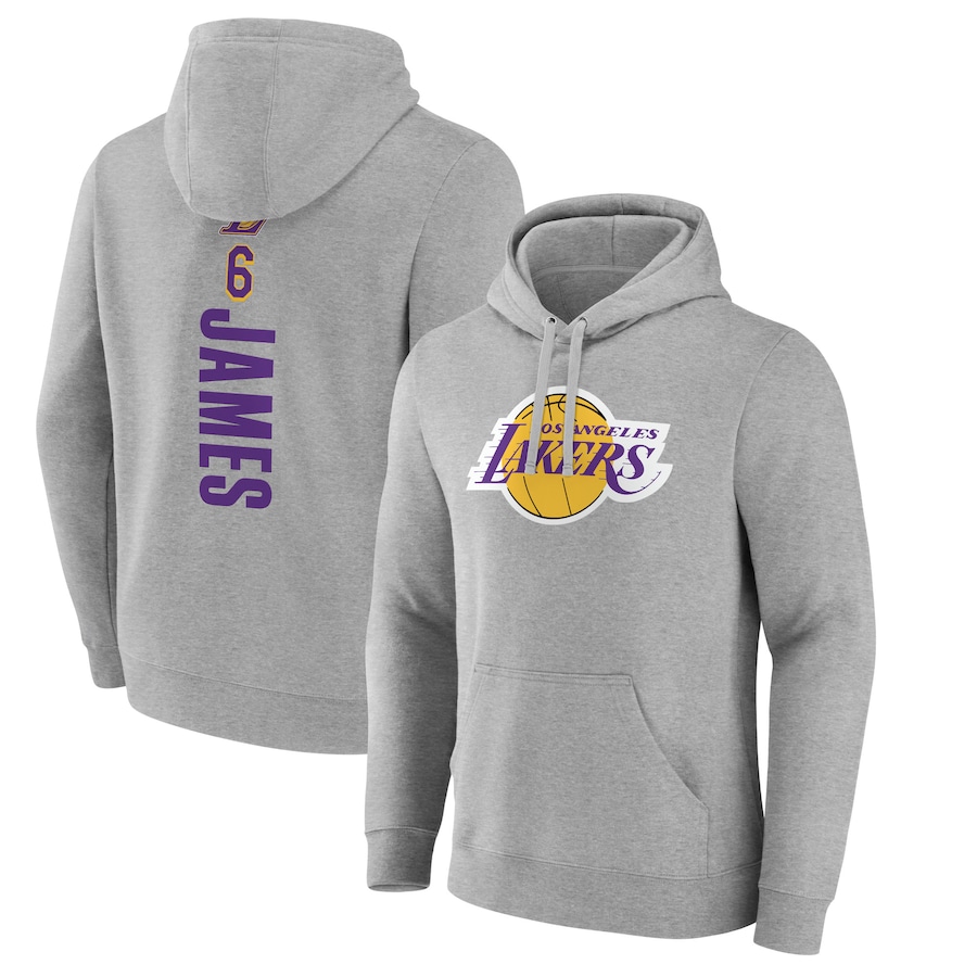 Men's Los Angeles Lakers LeBron James Heathered Gray Playmaker Name & Number Pullover Hoodie