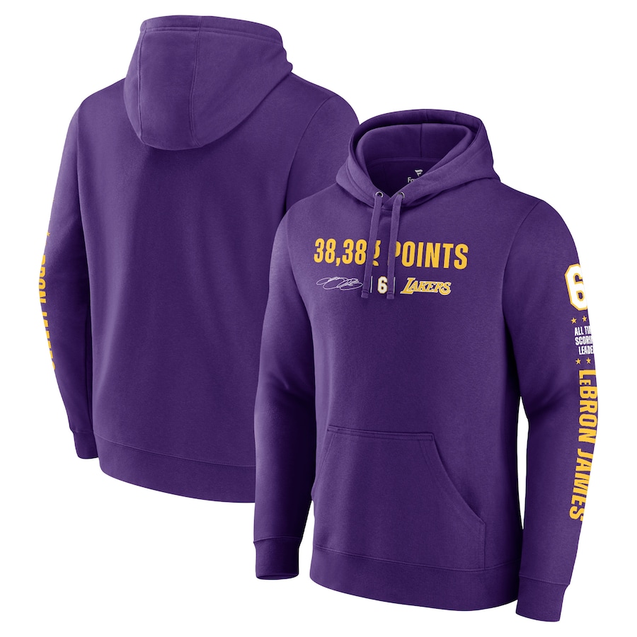 Men's Los Angeles Lakers LeBron James Purple NBA All-Time Scoring Record Pullover Hoodie Men's Los Angeles Lakers LeBron James Purple NBA All-Time Scoring Record Pullover Hoodie