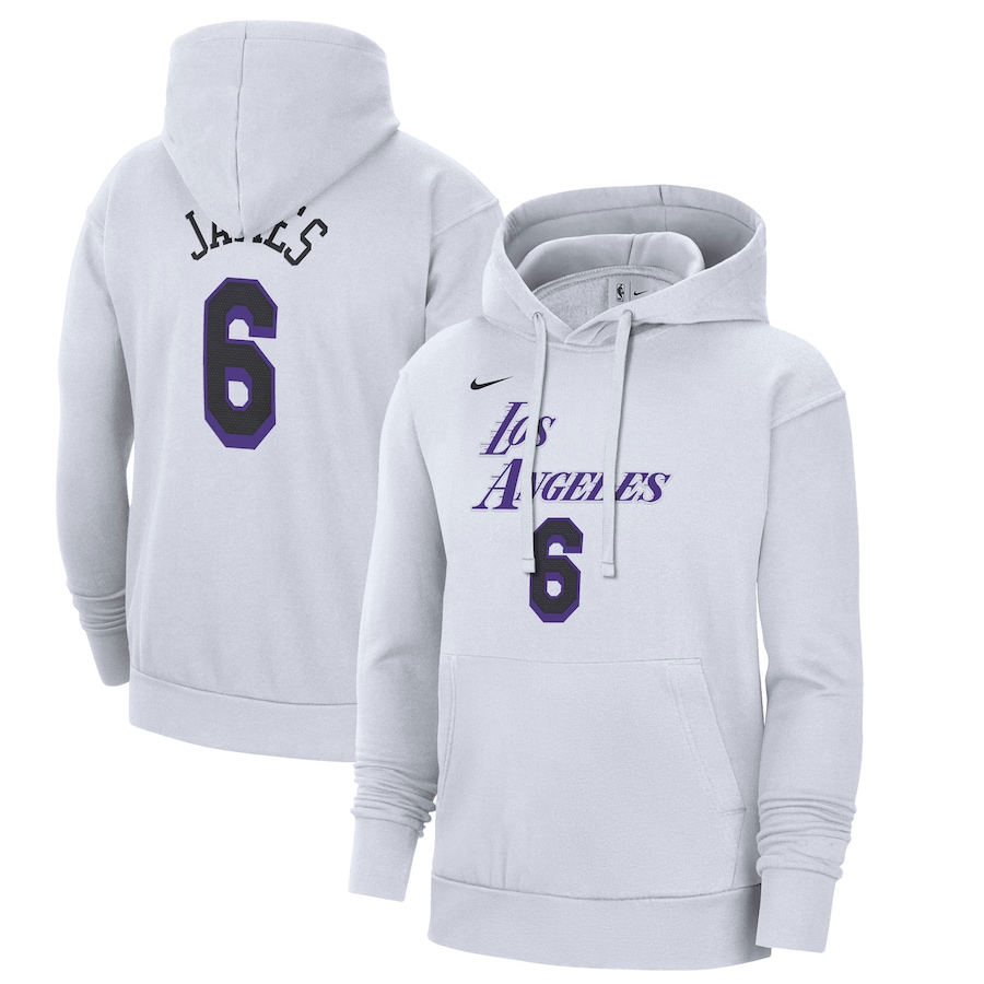 Men's Los Angeles Lakers LeBron James NBA White 2022/23 City Edition Name & Number Pullover Hoodie Men's Los Angeles Lakers LeBron James NBA White 2022/23 City Edition Name & Number Pullover Hoodie
