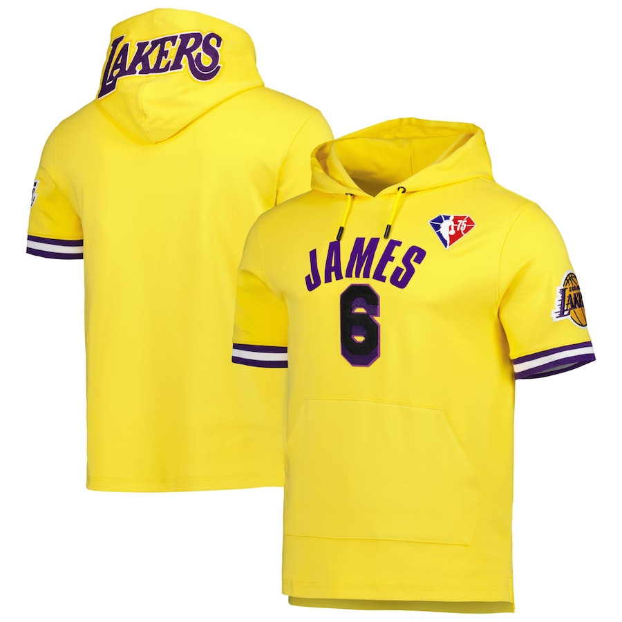 Men's Los Angeles Lakers LeBron James Pro Standard Gold Name & Number Short Sleeve Pullover Hoodie Men's Los Angeles Lakers LeBron James Pro Standard Gold Name & Number Short Sleeve Pullover Hoodie