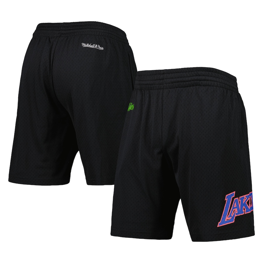 Men's Los Angeles Lakers Mitchell & Ness Black Hardwood Classics Color Bomb Energy Shorts Men's Los Angeles Lakers Mitchell & Ness Black Hardwood Classics Color Bomb Energy Shorts