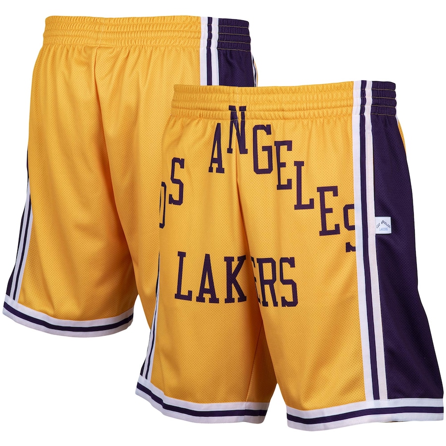 Men's Los Angeles Lakers Mitchell & Ness Gold Hardwood Classics Big Face 2.0 Shorts Men's Los Angeles Lakers Mitchell & Ness Gold Hardwood Classics Big Face 2.0 Shorts