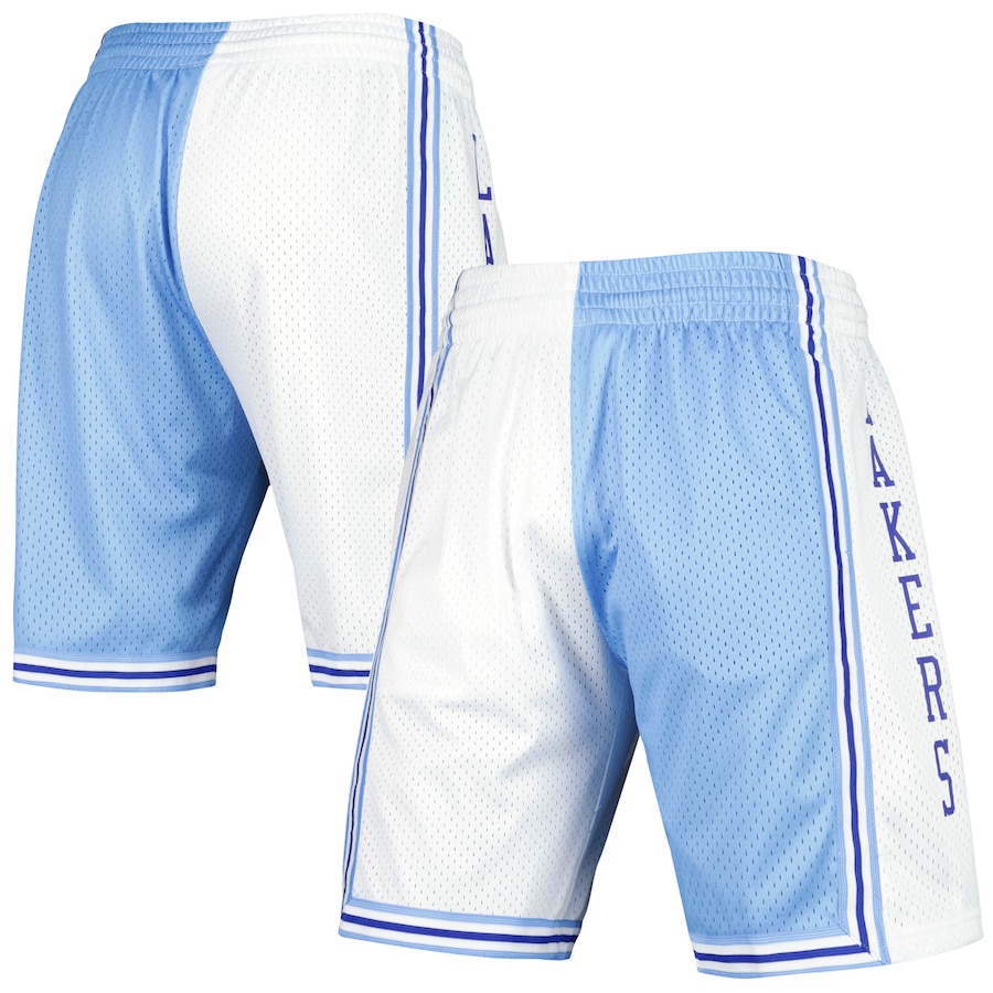 Men's Los Angeles Lakers Mitchell & Ness Powder Blue/White Hardwood Classics 1996 Split Swingman Shorts Men's Los Angeles Lakers Mitchell & Ness Powder Blue/White Hardwood Classics 1996 Split Swingman Shorts