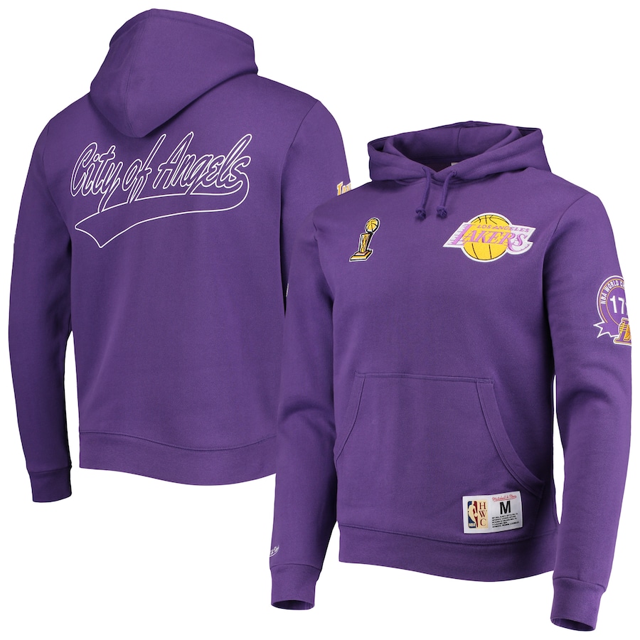 Men's Los Angeles Lakers Mitchell & Ness Purple Hardwood Classics Champs City Pullover Hoodie Men's Los Angeles Lakers Mitchell & Ness Purple Hardwood Classics Champs City Pullover Hoodie