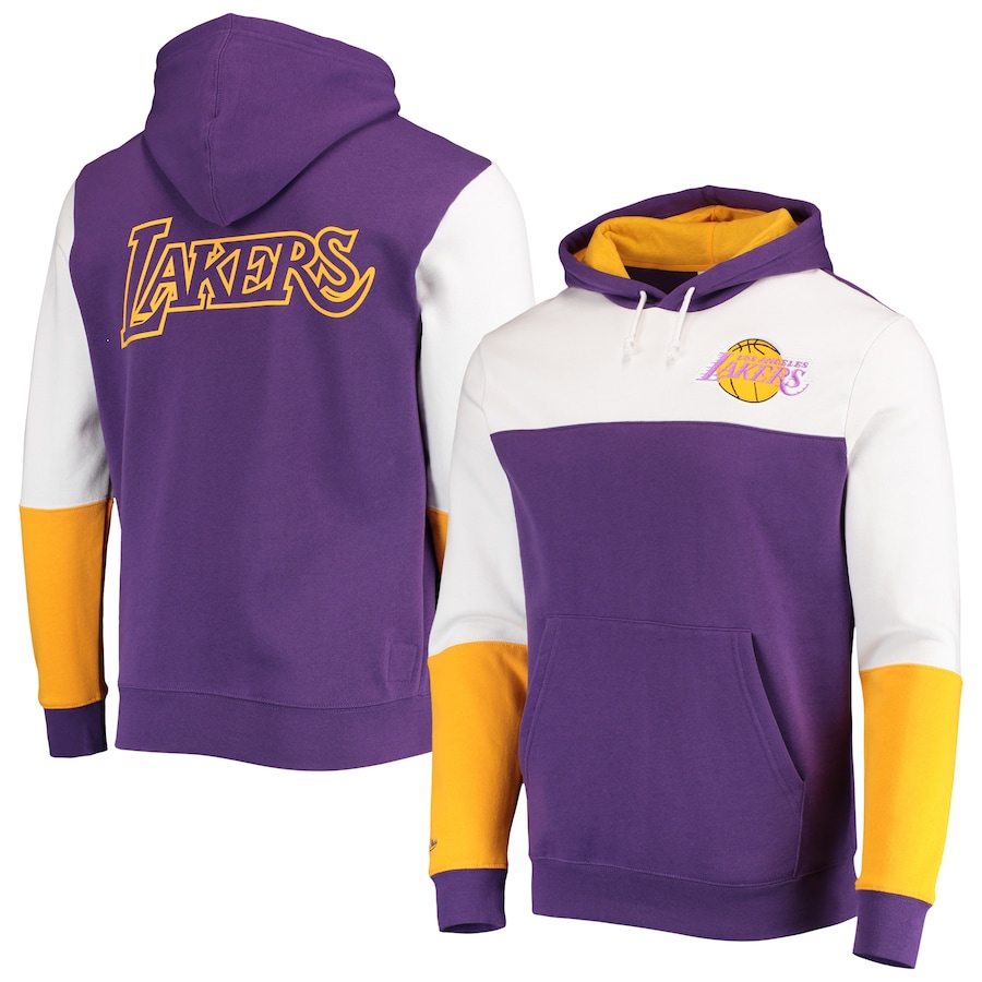 Men's Los Angeles Lakers Mitchell & Ness Purple Hardwood Classics Fusion 2.0 Colorblock Pullover Hoodie