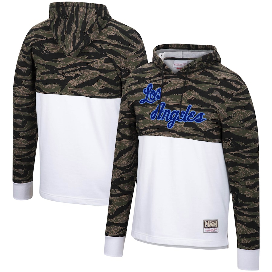 Men's Los Angeles Lakers Mitchell & Ness White Hardwood Classics Tiger Camo Pullover Hoodie Men's Los Angeles Lakers Mitchell & Ness White Hardwood Classics Tiger Camo Pullover Hoodie