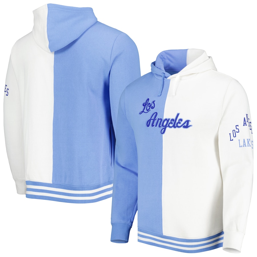 Men's Los Angeles Lakers Mitchell & Ness White/Powder Blue Hardwood Classics Split Pullover Hoodie