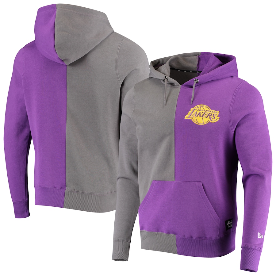 Men's Los Angeles Lakers New Era Gray/Purple Diagonal French Terry Color Block Pullover Hoodie Men's Los Angeles Lakers New Era Gray/Purple Diagonal French Terry Color Block Pullover Hoodie