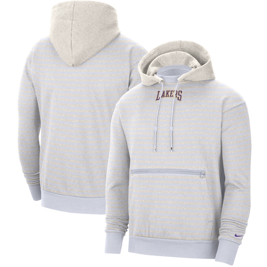 Men's Los Angeles Lakers NBA Heathered Gray/Purple 75th Anniversary Courtside Striped Pullover Hoodie Men's Los Angeles Lakers NBA Heathered Gray/Purple 75th Anniversary Courtside Striped Pullover Hoodie