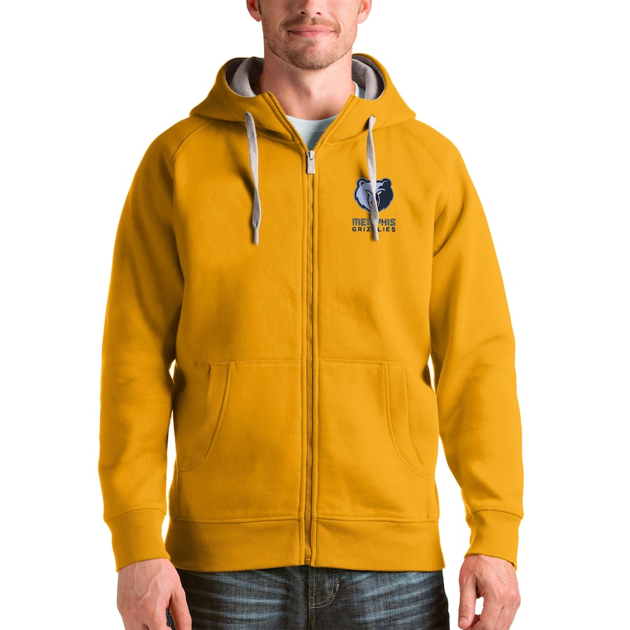 Men's Memphis Grizzlies Antigua Gold Logo Victory Full-Zip Hoodie Men's Memphis Grizzlies Antigua Gold Logo Victory Full-Zip Hoodie