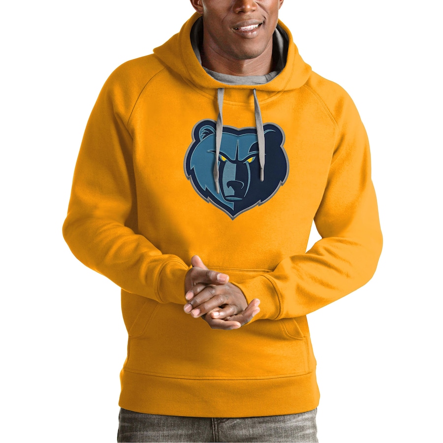 Men's Memphis Grizzlies Antigua Gold Team Logo Victory Pullover Hoodie Men's Memphis Grizzlies Antigua Gold Team Logo Victory Pullover Hoodie