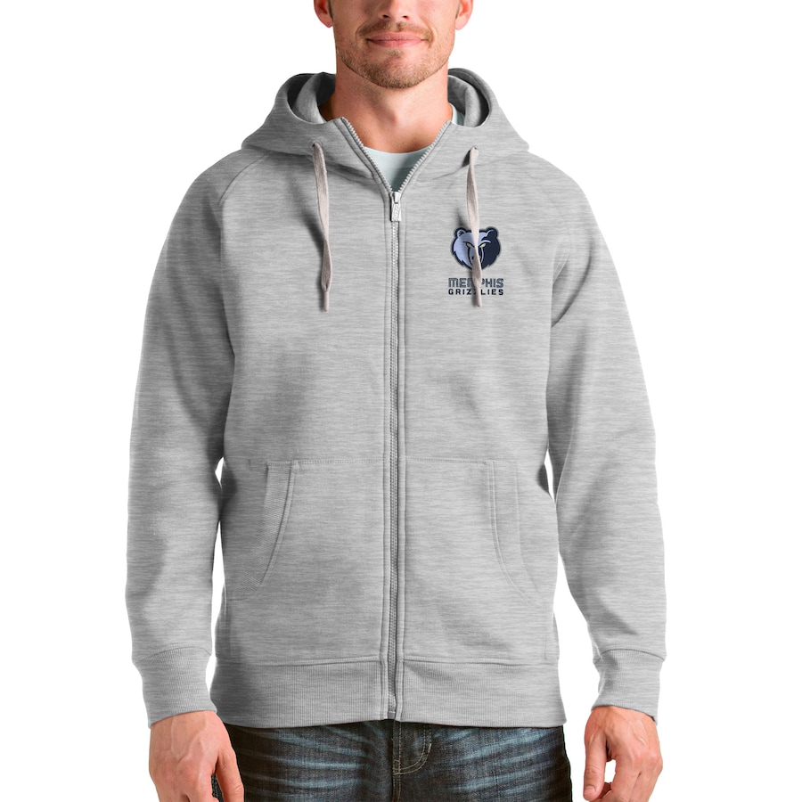 Men's Memphis Grizzlies Antigua Heathered Gray Logo Victory Full-Zip Hoodie Men's Memphis Grizzlies Antigua Heathered Gray Logo Victory Full-Zip Hoodie