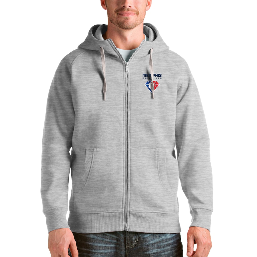 Men's Memphis Grizzlies Antigua Heathered Gray NBA 75th Anniversary Victory Full-Zip Hoodie Men's Memphis Grizzlies Antigua Heathered Gray NBA 75th Anniversary Victory Full-Zip Hoodie
